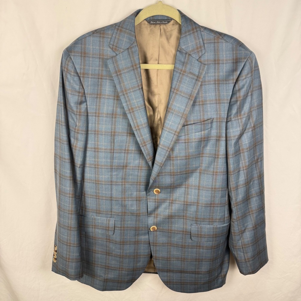 Jack Victor Plaid Conway Wool Super 130s Sport Jacket Blazer Blue Brown Sz 42L